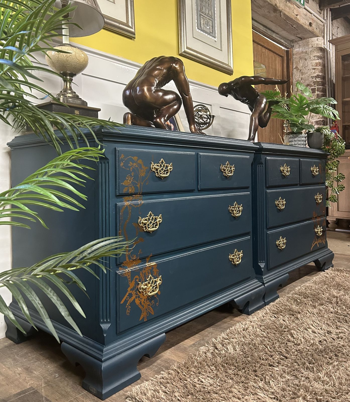 Pair Of French Revival Chests Of Drawers With Copper Foil Art Work And Antique Brass Drawer Furniture. photo furniture