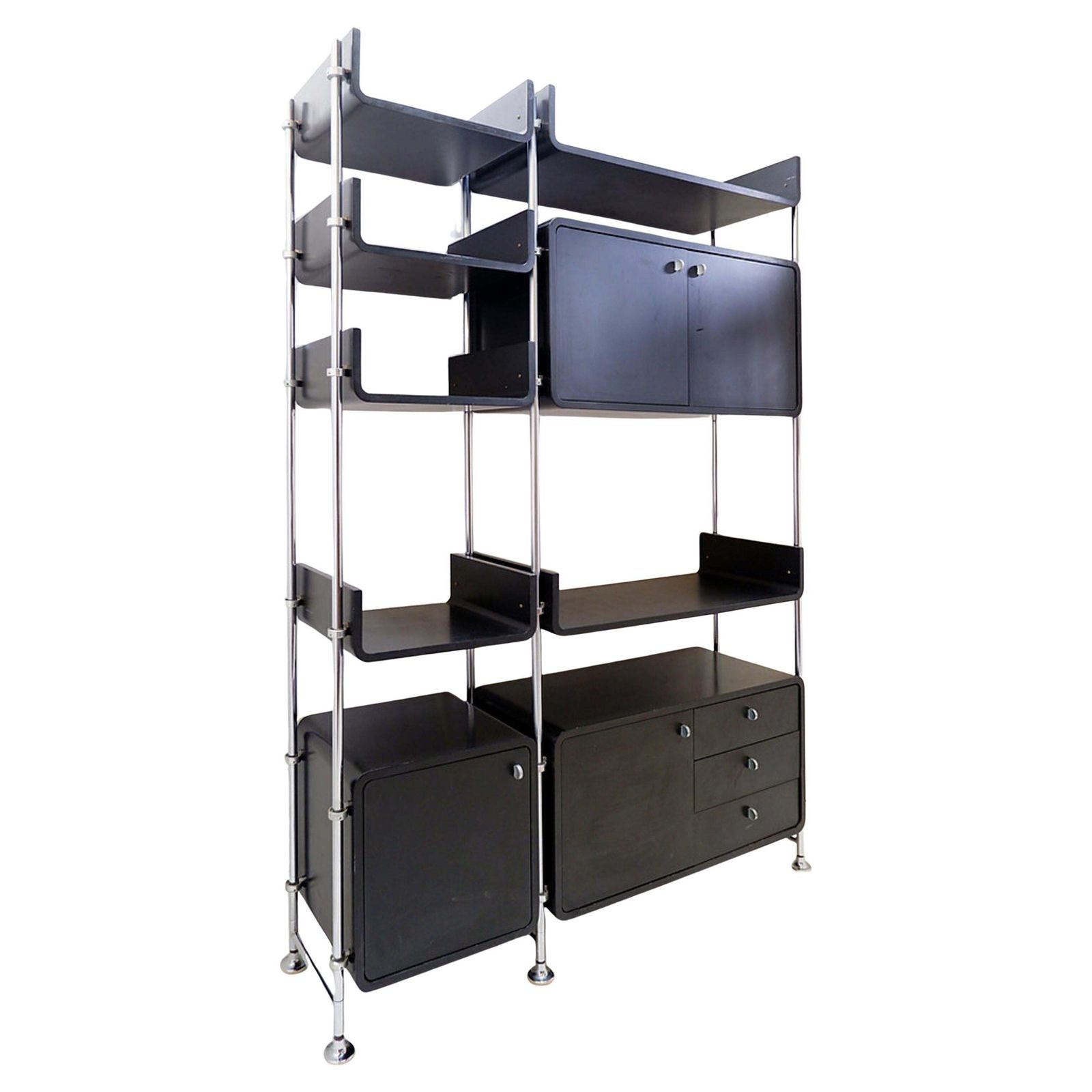 Omnia Wall Unit, Vintage Modular Shelf, Black Wood & Metal, 1970s