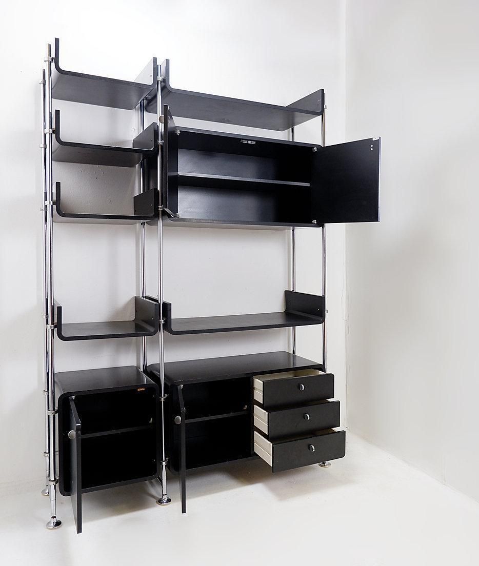 Omnia Wall Unit, Vintage Modular Shelf, Black Wood & Metal, 1970s photo furniture