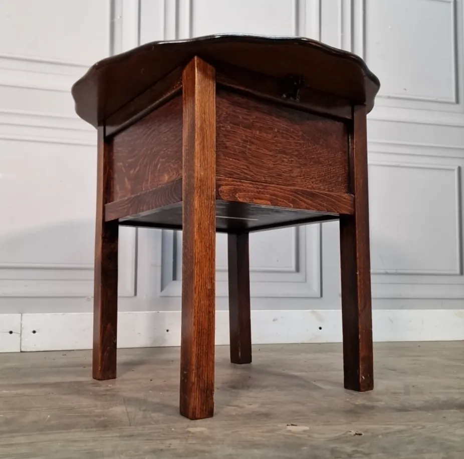 Antique Oak Sewing Table Side Scalloped Storage Vintage Arts & Crafts Retro photo for sale