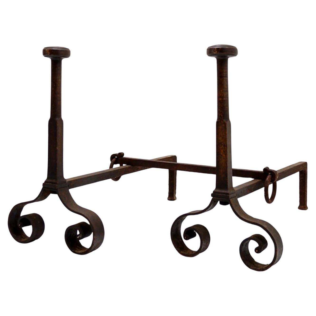 19th Century Antique Wrought Iron Andirons With Curved Legs