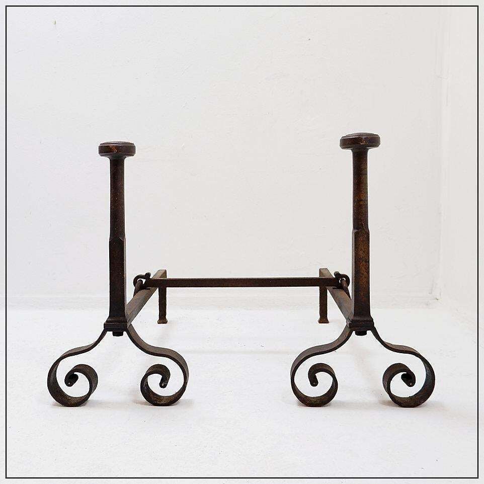 photo for sale 19th Century Antique Wrought Iron Andirons With Curved Legs