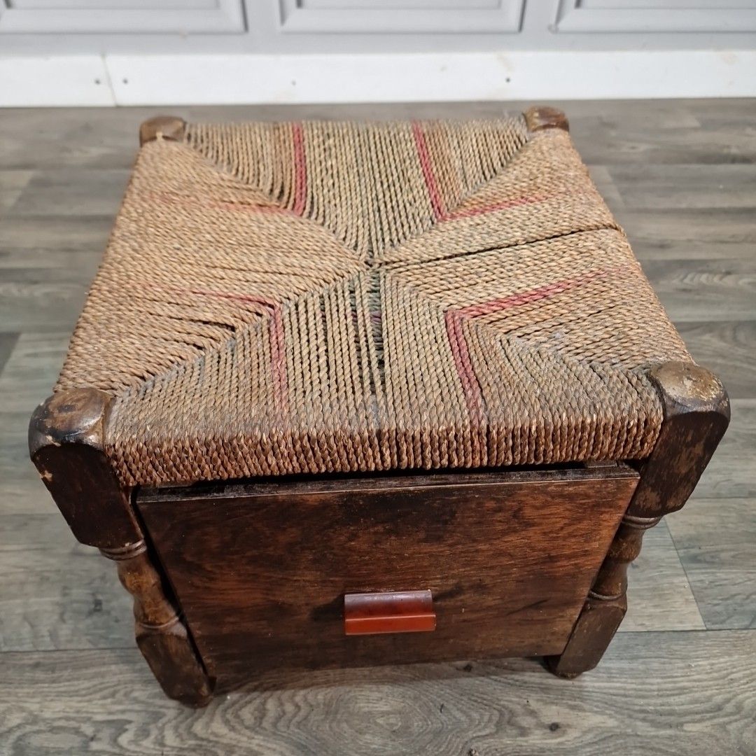 Vintage Rope Top Stool Storage Drawer Rustic Seat Foot Rest Footstool Retro photo vinterior