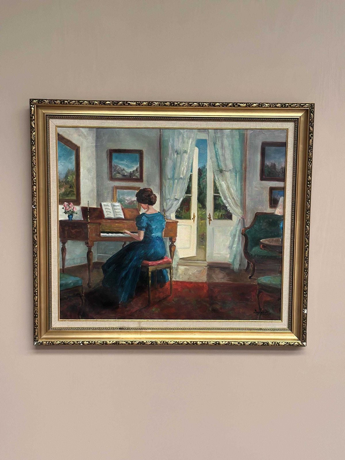 Original Mid‑Century Norwegian Oil On Canvas – “Woman At Piano” By Inger Bo – Vintage  & Framed – 75 × 84 Cm (29.5" × 33.1") photo for sale