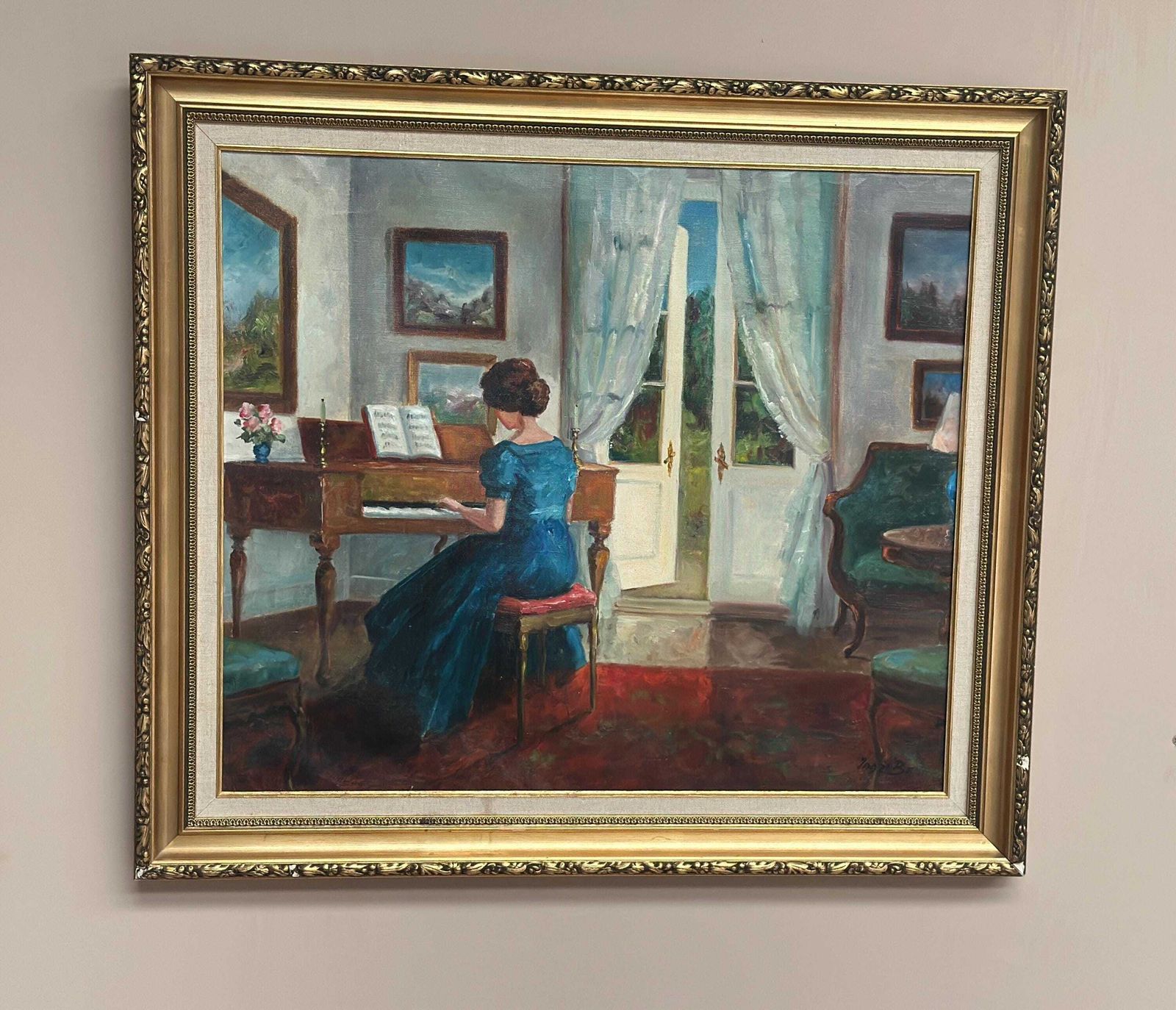 photo vinterior Original Mid‑Century Norwegian Oil On Canvas – “Woman At Piano” By Inger Bo – Vintage  & Framed – 75 × 84 Cm (29.5" × 33.1")