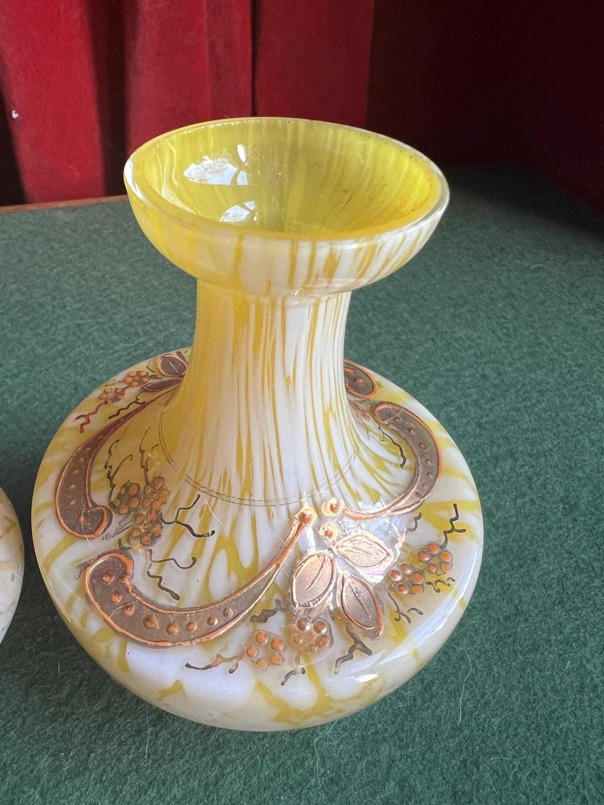 Pair Of Welz Bohemian Lemon Yellow & White Spatter Glass Vases. Hand Painted Gold Enamel Details. Antique Glass Collector Gift. photo for sale
