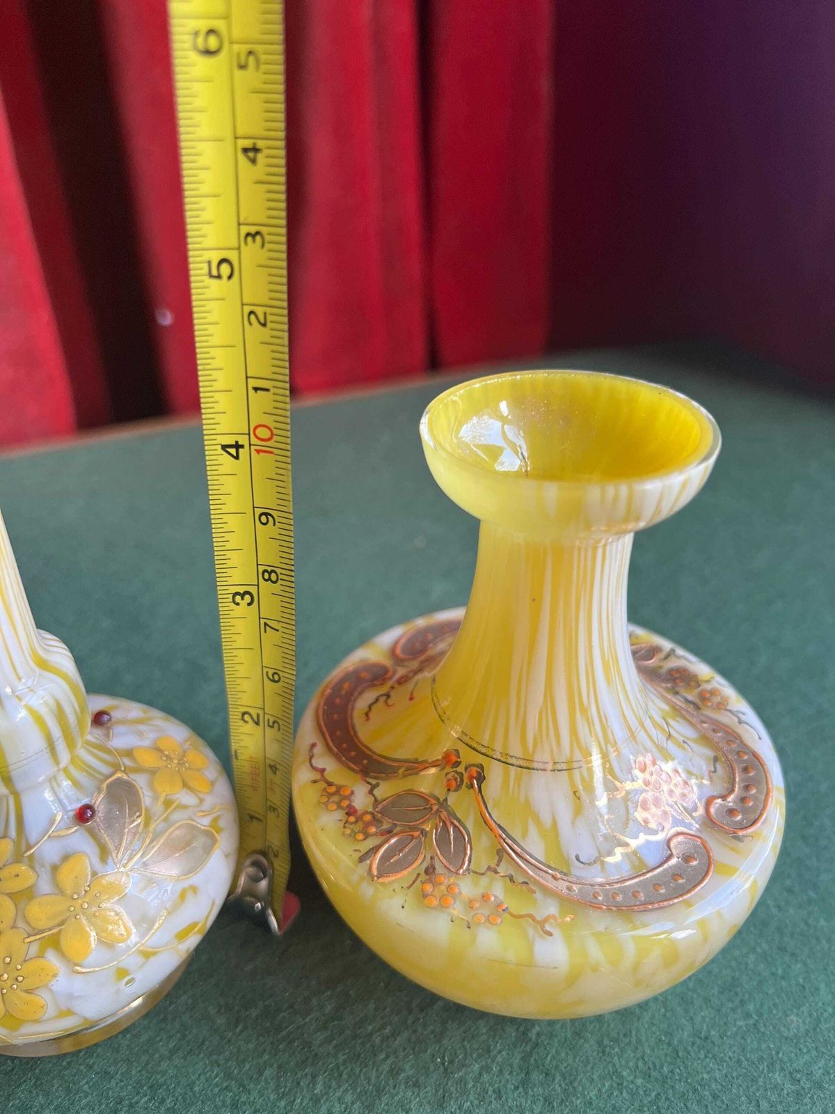 Pair Of Welz Bohemian Lemon Yellow & White Spatter Glass Vases. Hand Painted Gold Enamel Details. Antique Glass Collector Gift. photo vintage