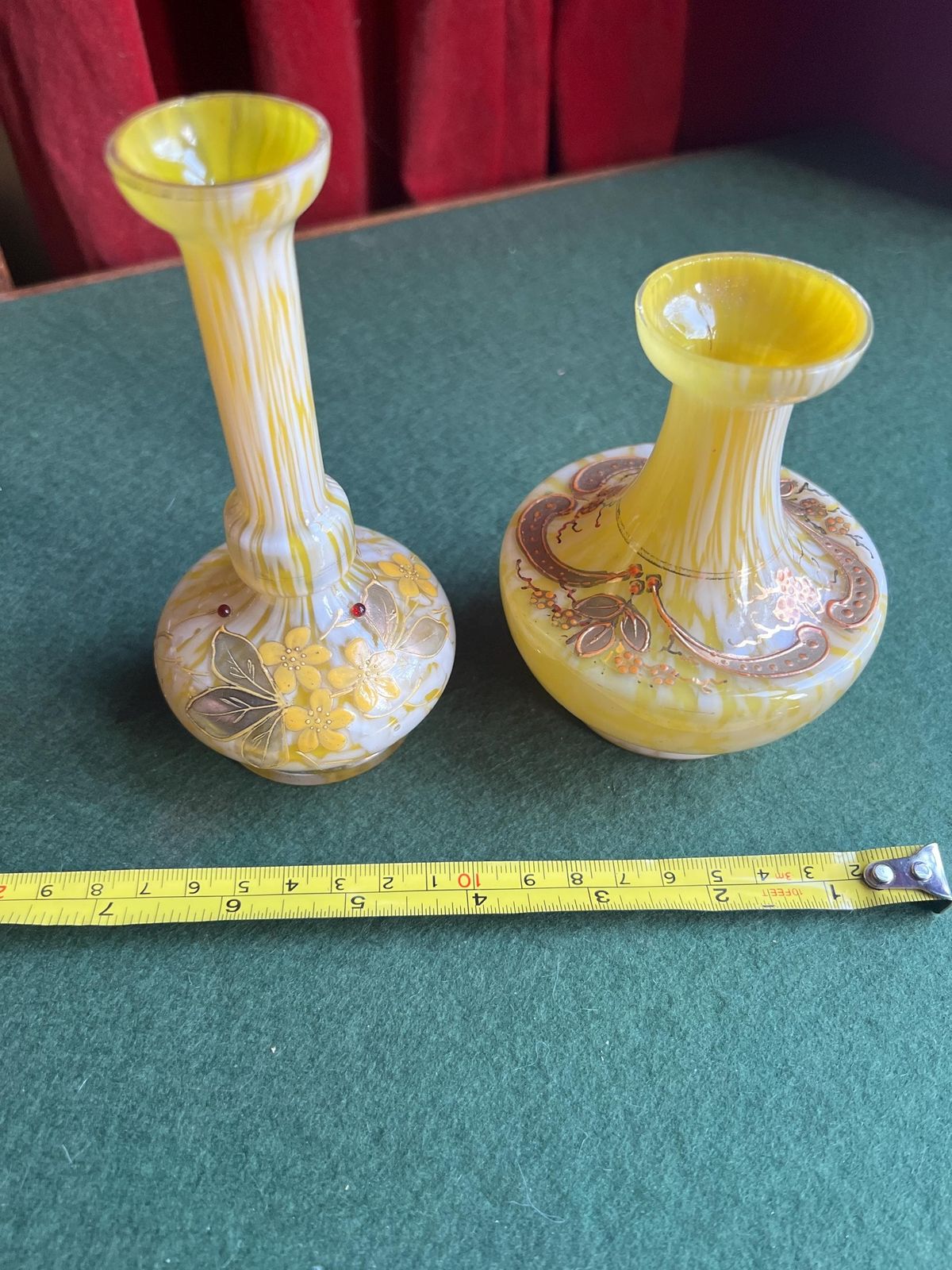 photo furniture Pair Of Welz Bohemian Lemon Yellow & White Spatter Glass Vases. Hand Painted Gold Enamel Details. Antique Glass Collector Gift.