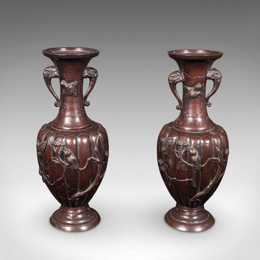 Pair Of Antique Stem Vases, Japanese, Bronze, Meiji Era, Baluster Urn, Victorian photo furniture