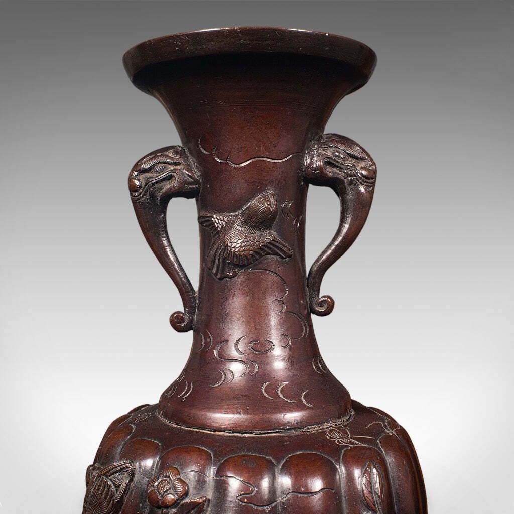 photo for sale Pair Of Antique Stem Vases, Japanese, Bronze, Meiji Era, Baluster Urn, Victorian