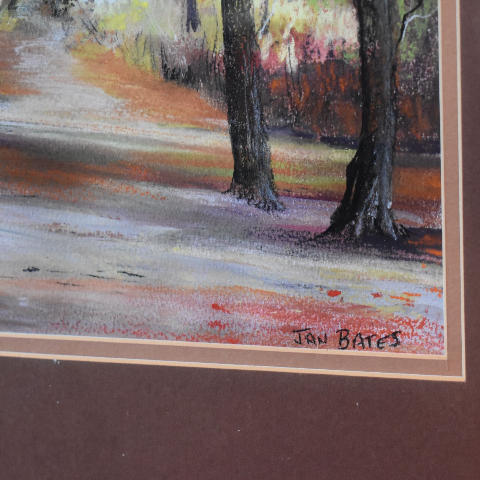photo furniture Vintage Jan Bates Brown Trees Woodland Forest Gouache Pastel Framed Picture