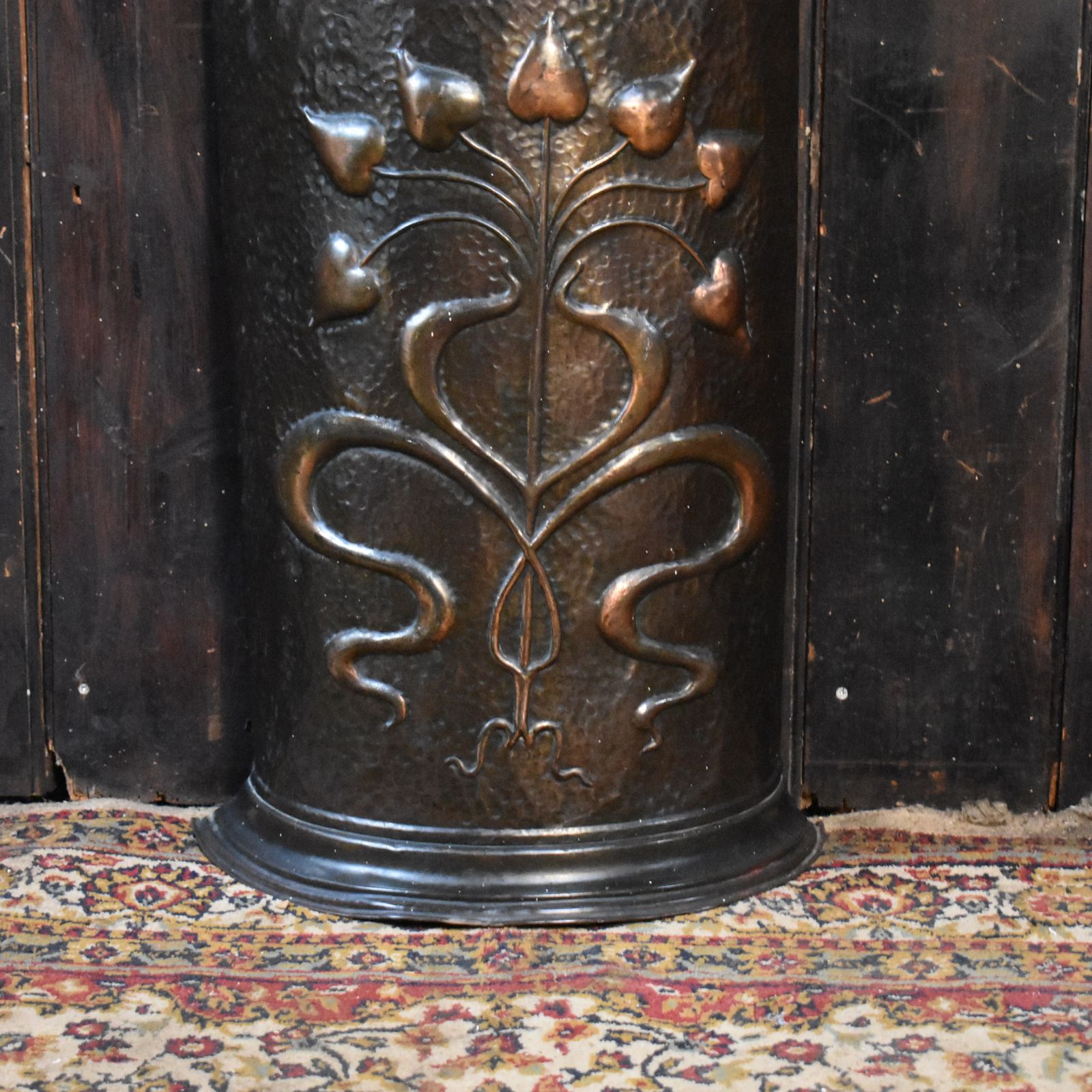 Antique Art Noueau Handmade Repousse Copper Demi Lune Umbrella Stick Stand photo vintage
