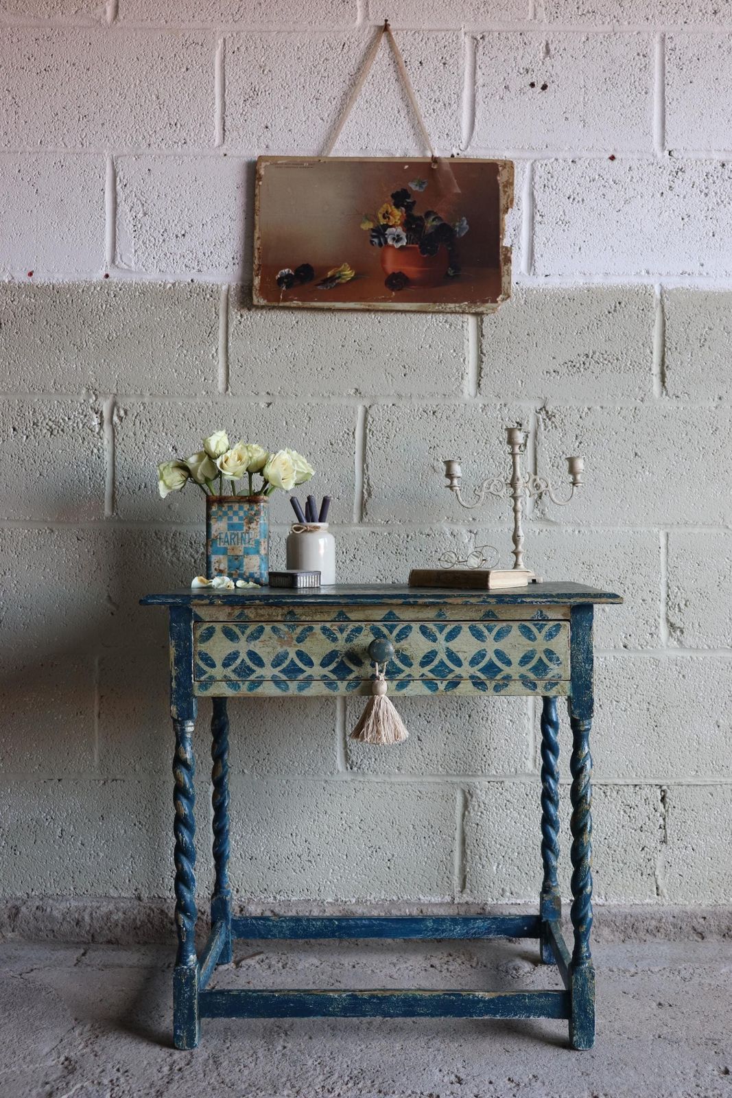 Blue And White Harlequin Painted Barleytwist Bedside Or Occasional Table With Drawer