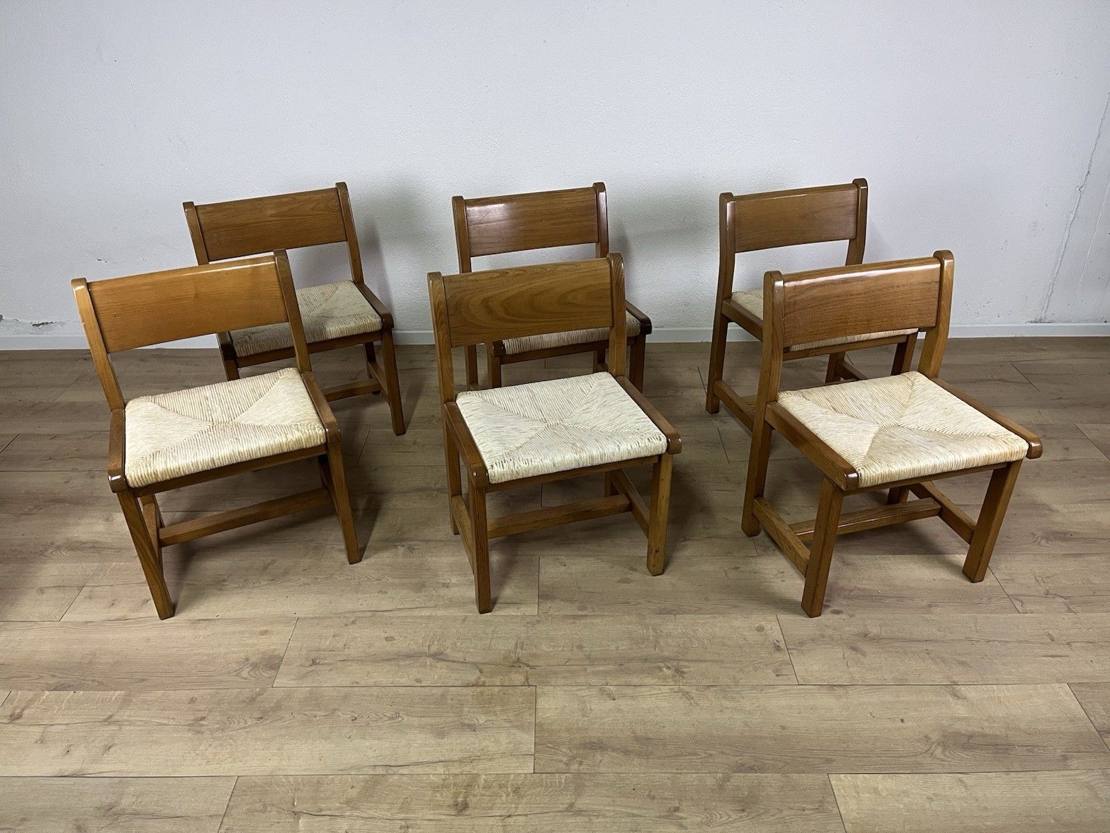 Set Of 6 Tarpac Straw Wood Chairs 70’ Vintage Design