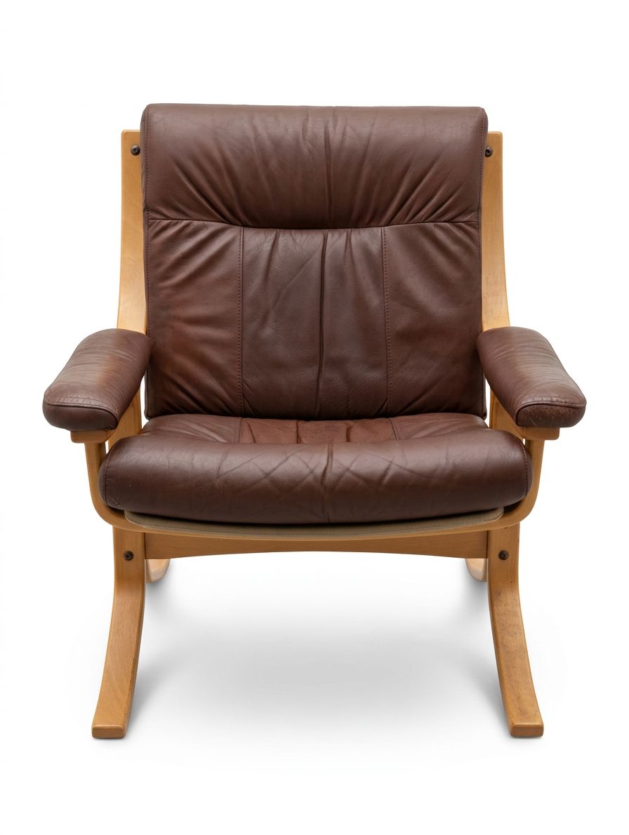 Scandi Brown Leather Beech Lounge Chair, Style Of Ingmar Relling photo furniture