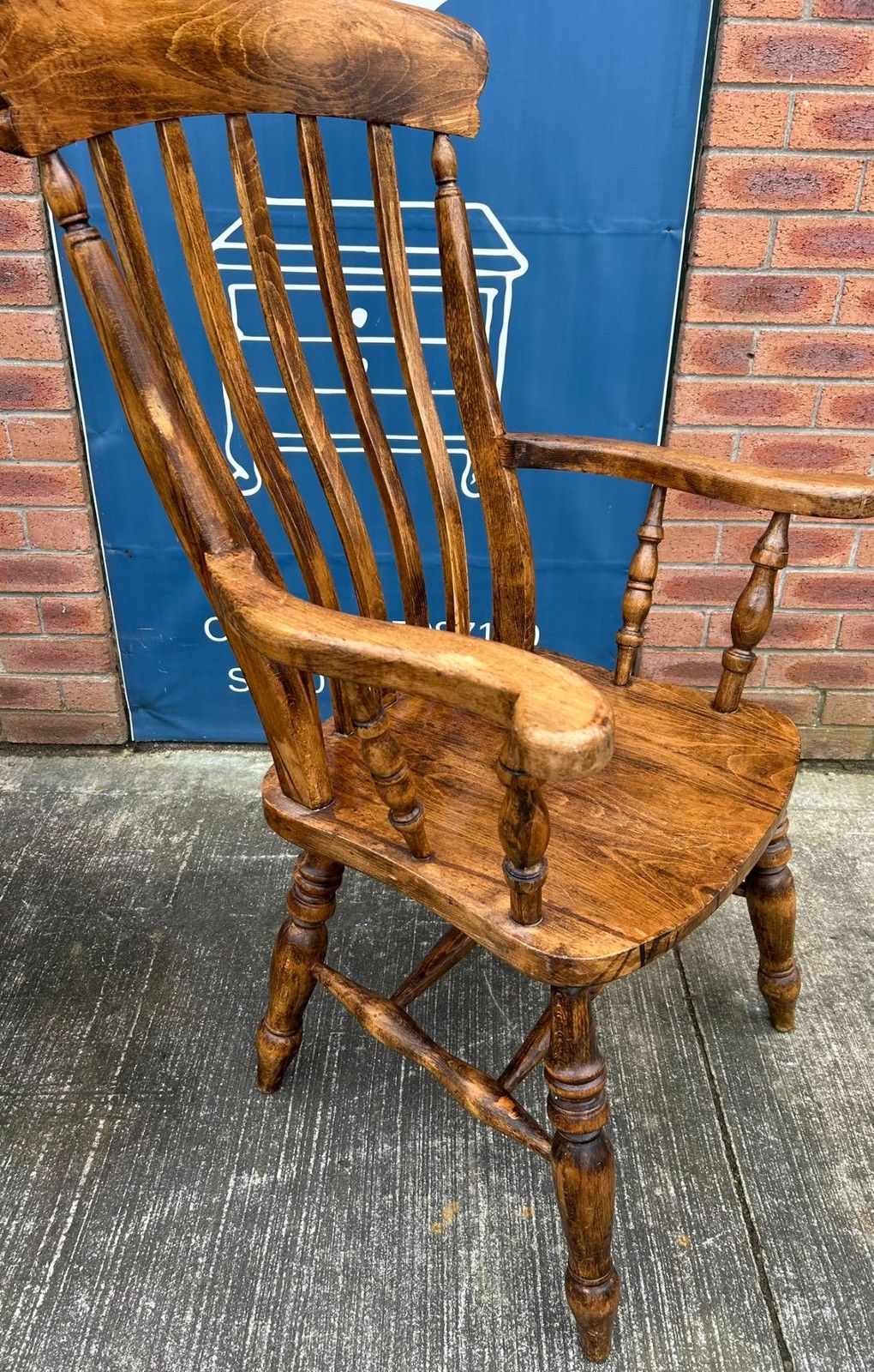 Furniture Vintage Beech Lath High Back Farmhouse Windsor Chair Rustic Armchair photo