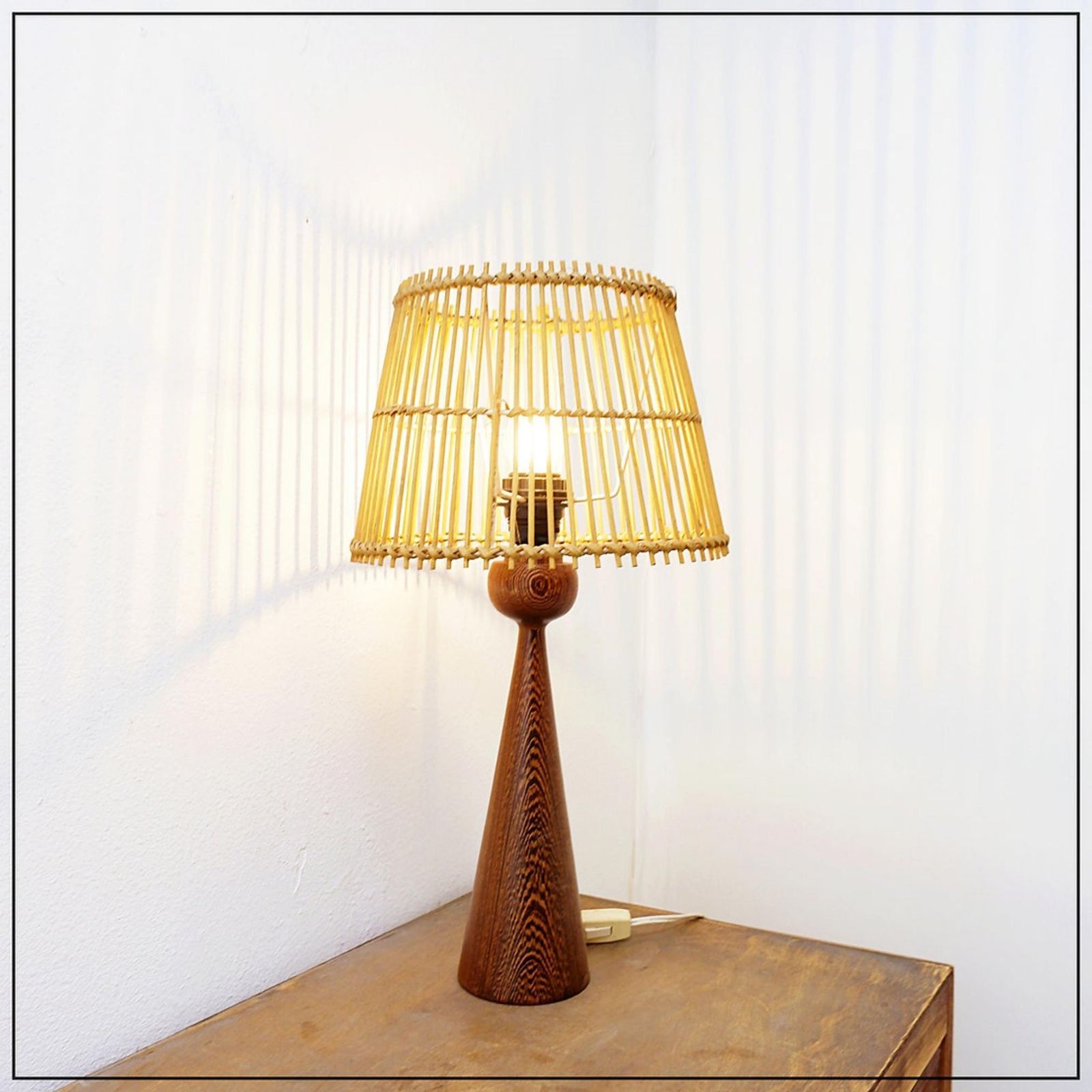 photo furniture Keel Shaped Wood Table Lamp With Bamboo Shade 1960s