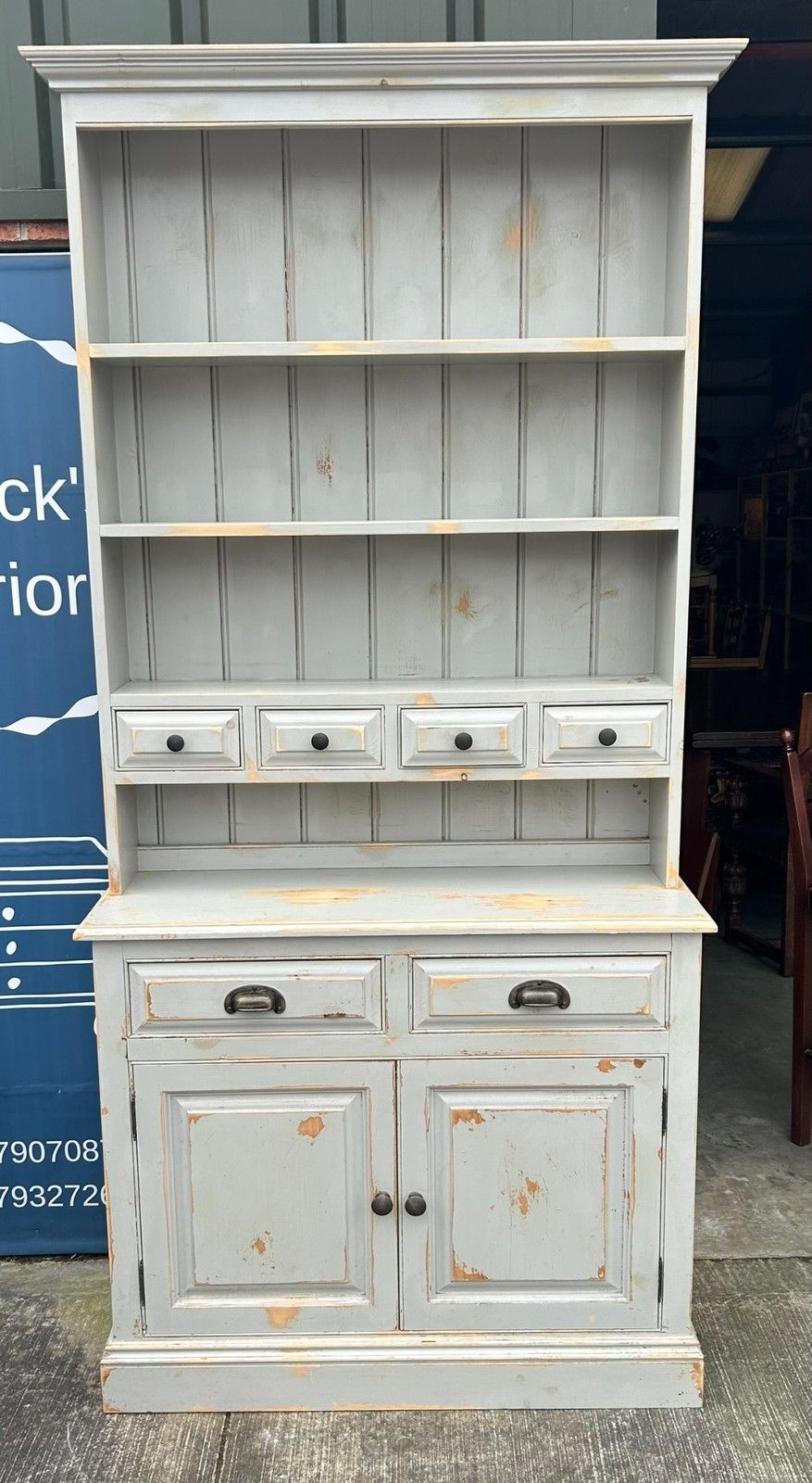 Distressed Painted Pine French Style Farmhouse Kitchen Dresser Inc Spice Drawers photo for sale