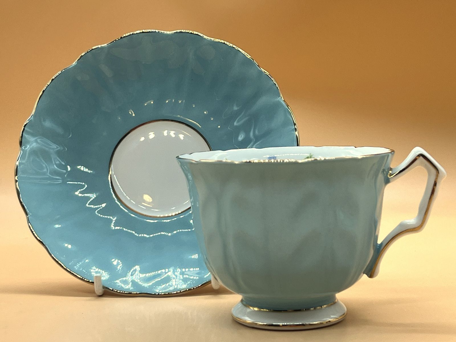 Aynsley China Crocus Shape Wild Tudor Blue Cabinet Tea Cup & Saucer Duo. photo furniture