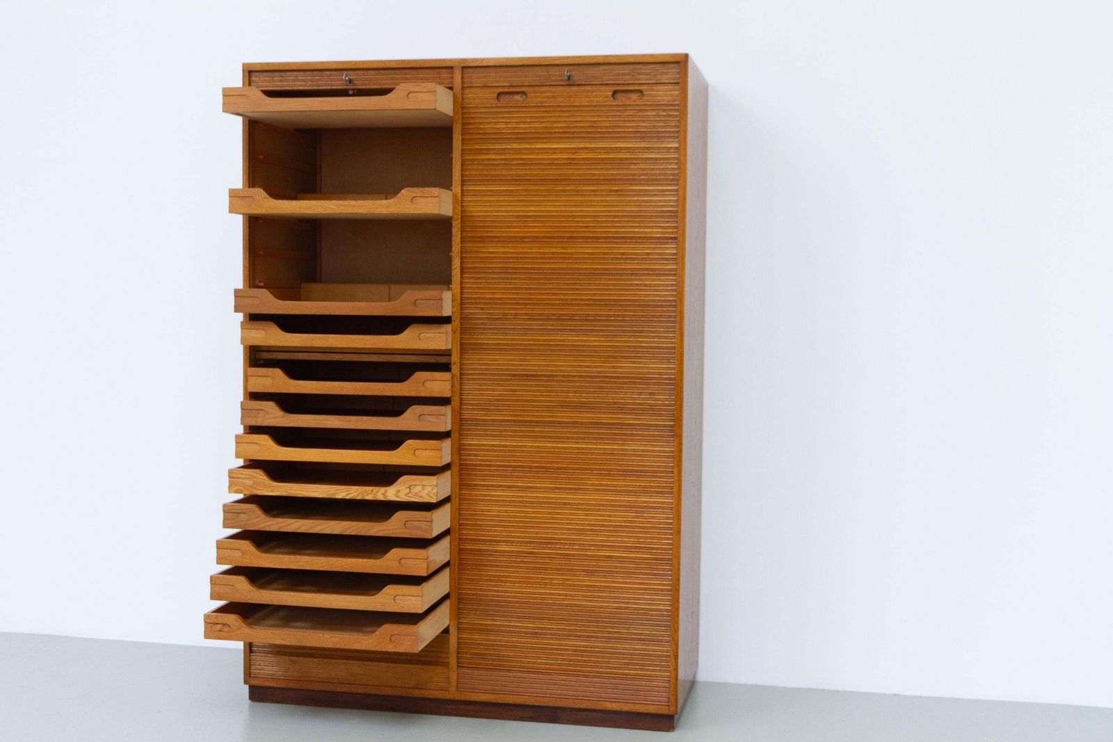 photo vinterior Danish Art Deco Oak Double Tambour Archive Cabinet, 1930s.