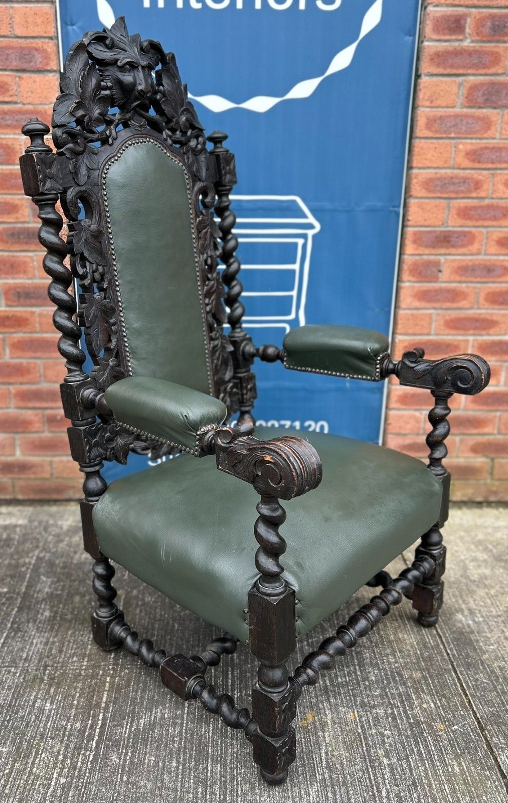 Antique Oak Gothic Green Man Carved Barley Twist Throne Leather Armchair