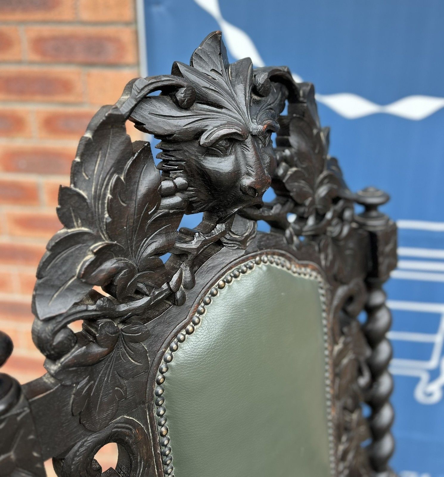Furniture Antique Oak Gothic Green Man Carved Barley Twist Throne Leather Armchair photo