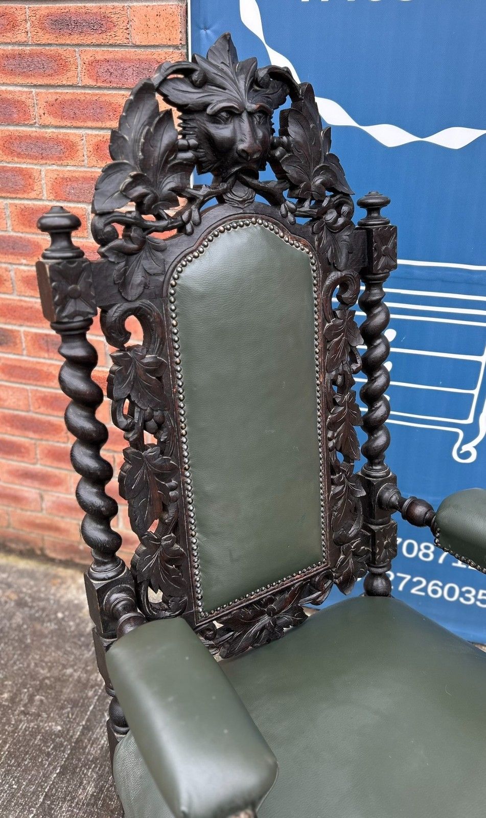 225.0 Antique Oak Gothic Green Man Carved Barley Twist Throne Leather Armchair photo