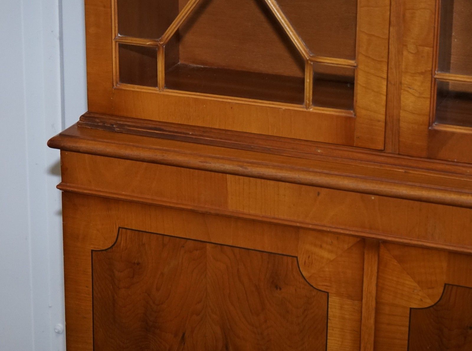 Furniture Vintage English Burr Yew Wood 3 Door Astragal Glazed Display Bookcase Cabinet photo