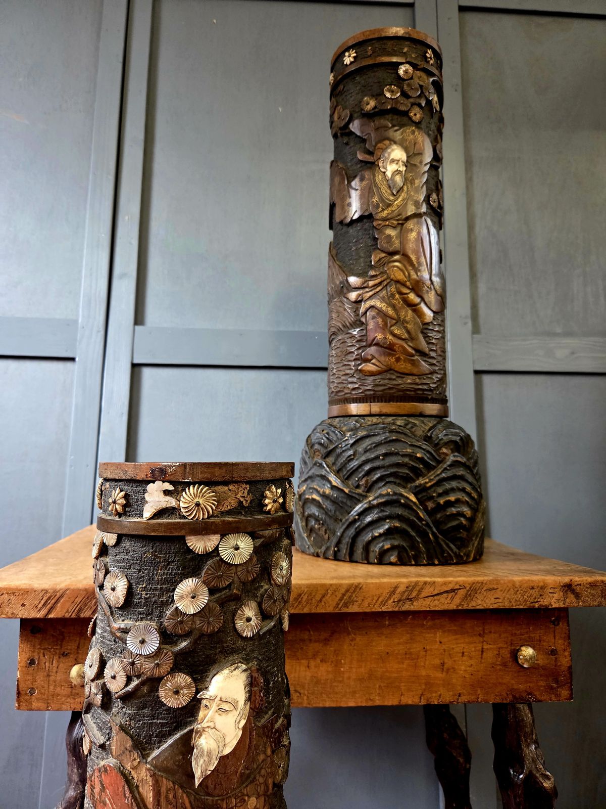 Pair Of Meiji Period Japanese Carved Bamboo Umbrella / Stick / Brush Stands With Inset Masks, C.1880–1900 photo furniture
