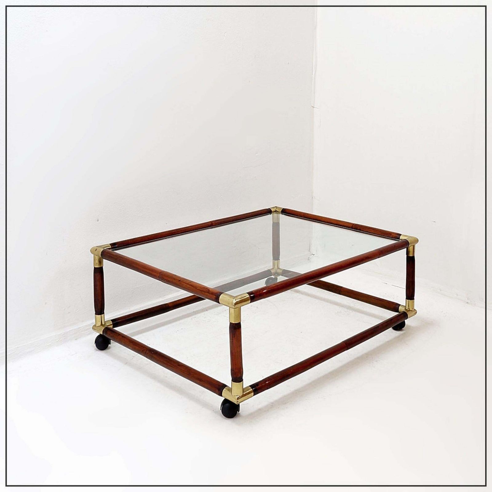 Coffee Table In Bamboo And Brass With Glass Top, 60s photo for sale