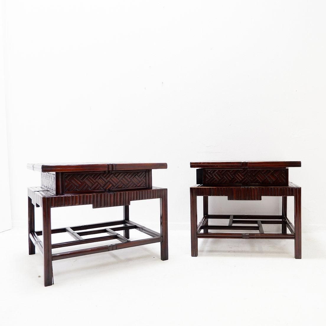 Pair Of Vintage Pagoda Tables In Faux Bamboo Chevron Pattern   Maitland & Clasco photo buy