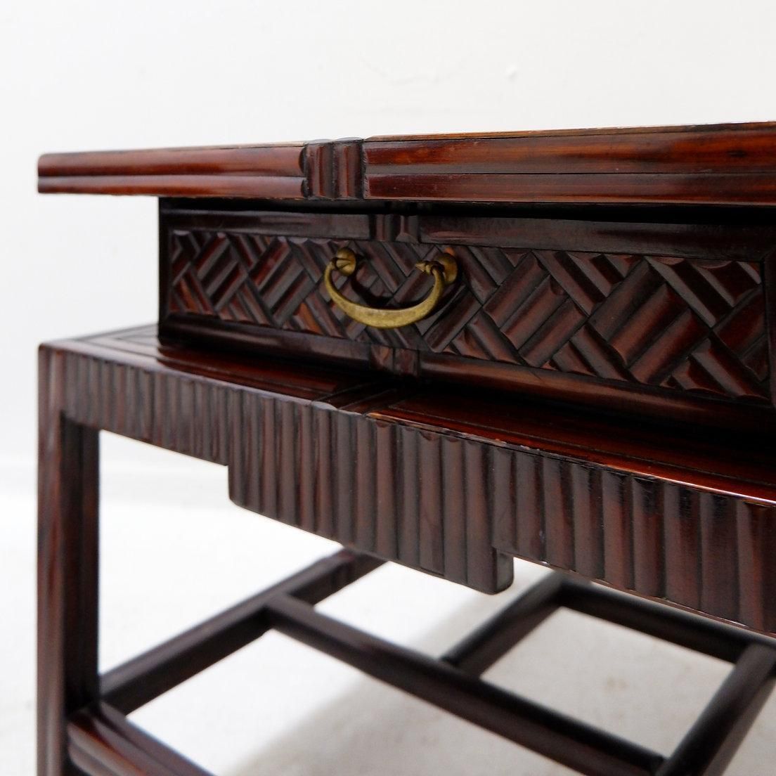 1378.0 Pair Of Vintage Pagoda Tables In Faux Bamboo Chevron Pattern   Maitland & Clasco photo