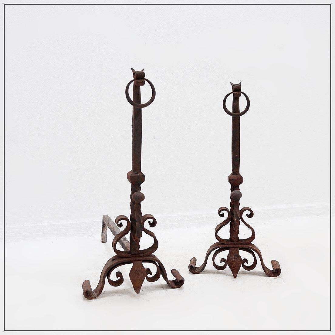 Italian Wrought Iron Dragon Andirons, Antique Fireplace Set, 1920s photo Home Fixtures