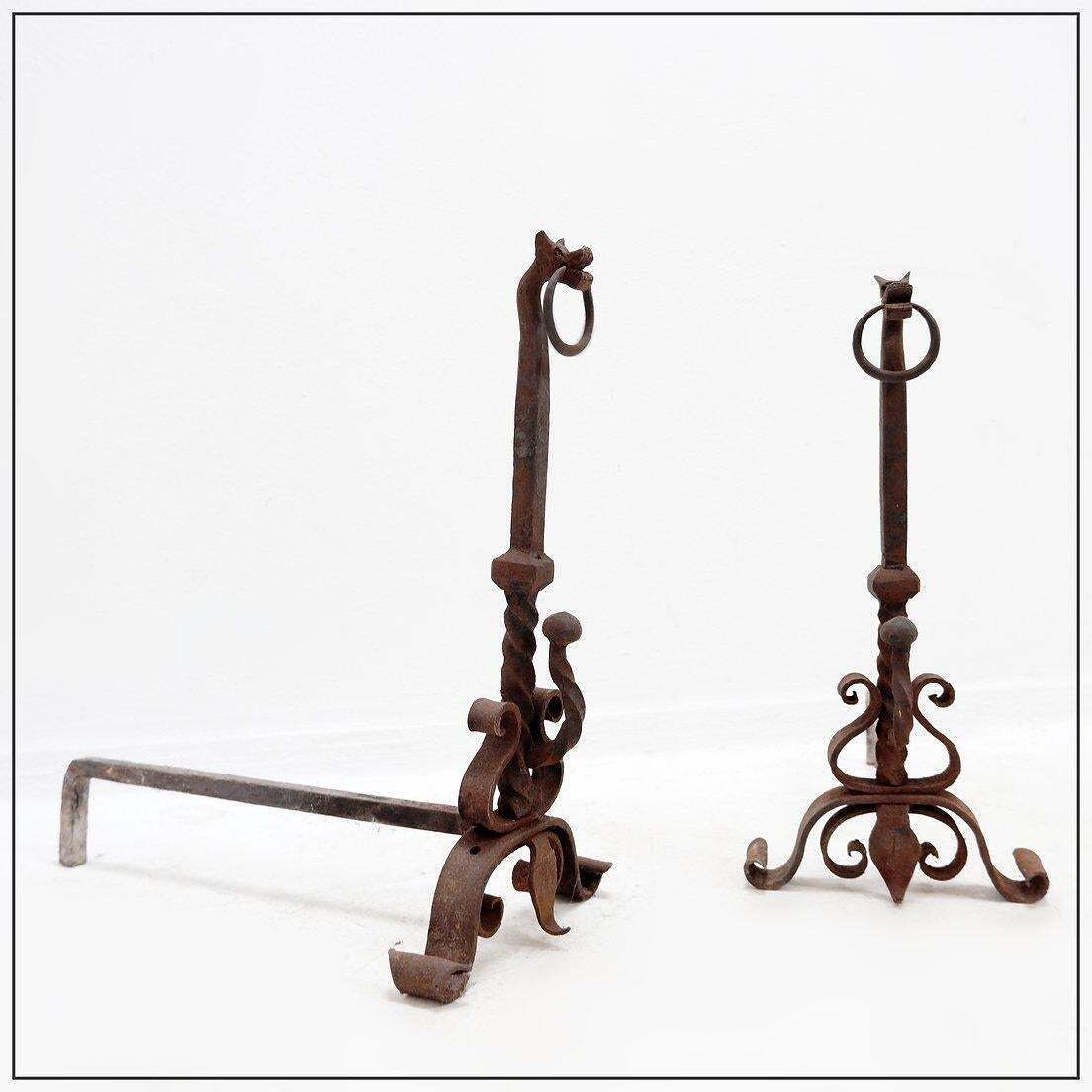 Italian Wrought Iron Dragon Andirons, Antique Fireplace Set, 1920s photo 658.0