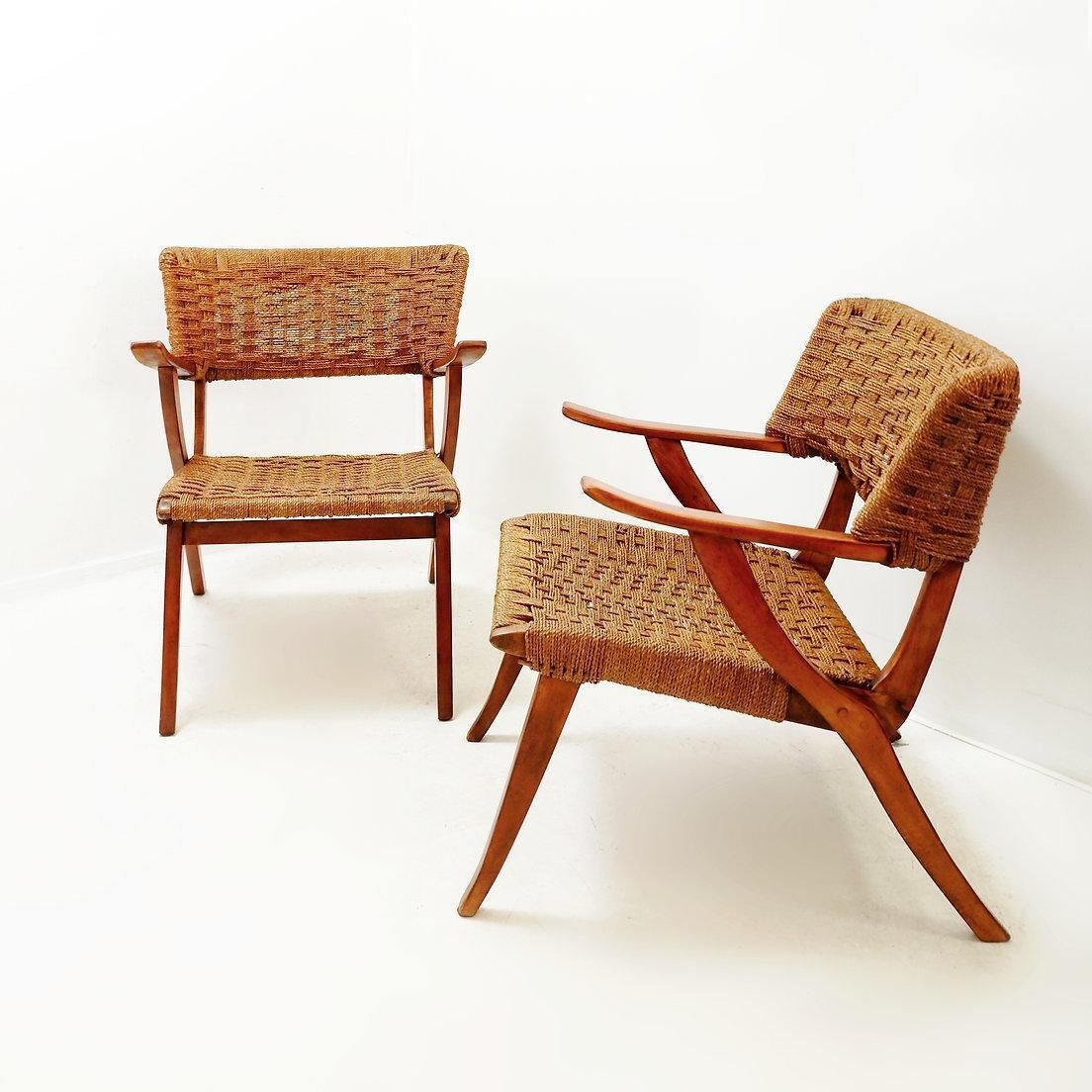photo for sale Mid Century Pair Rope And Wood Armchairs   Vintage Style