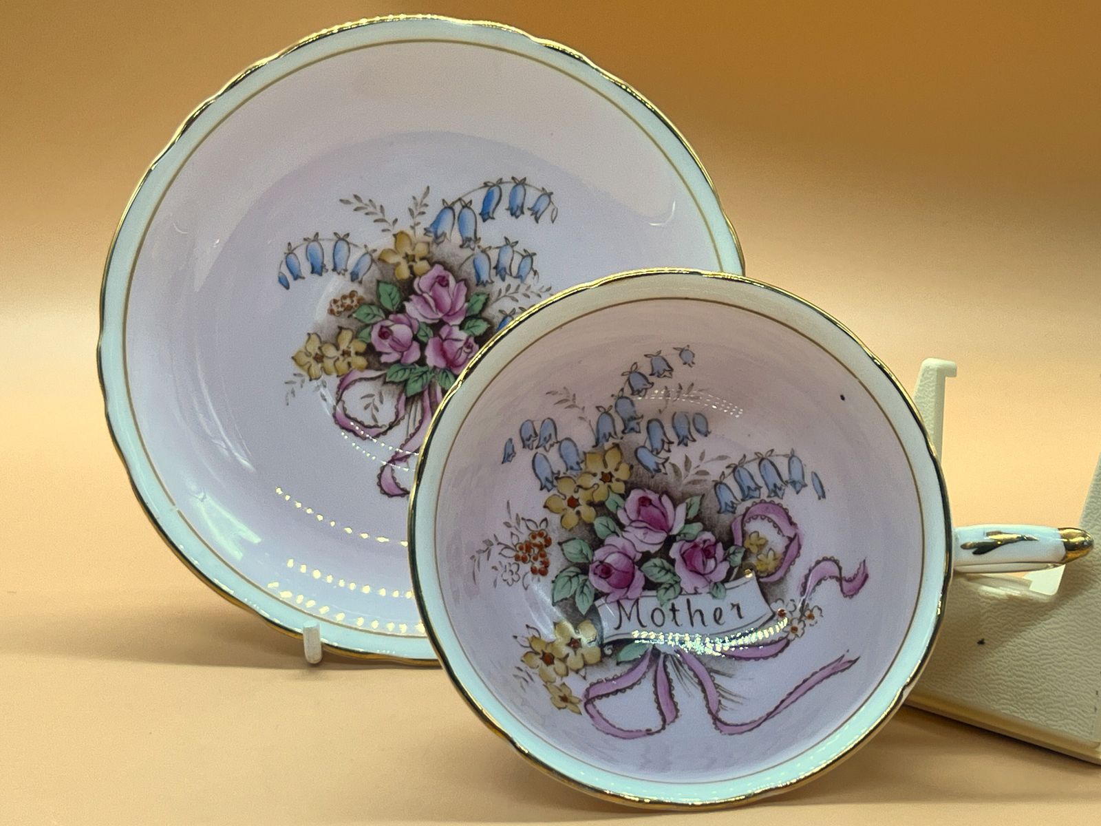 Art Deco Paragon China Double Warrant Queen Mary Mother On Pink Chintz Tea Cup And Saucer Duo. No. A1296.