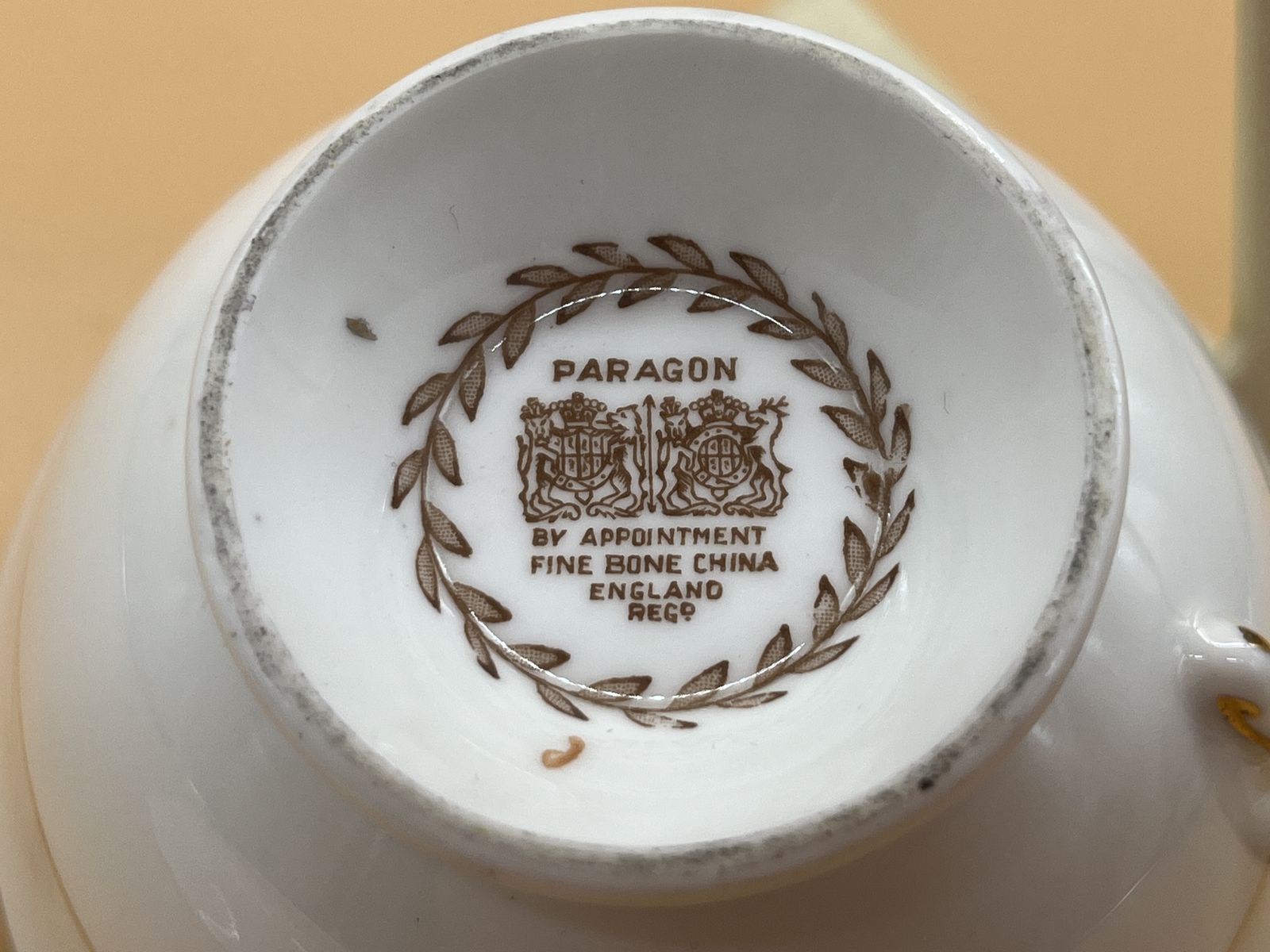 photo for sale Art Deco Paragon China Double Warrant Queen Mary Mother On Pink Chintz Tea Cup And Saucer Duo. No. A1296.