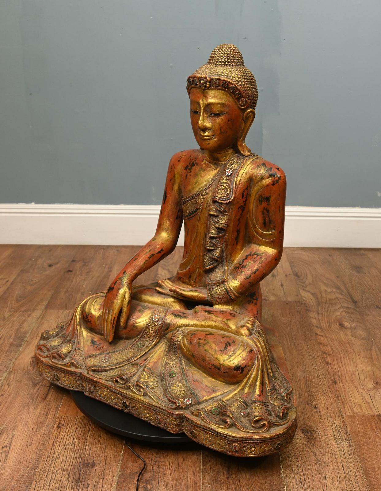Carved Burmese Buddha Statue Lotus Pose Mudra Buddhism. photo vinterior