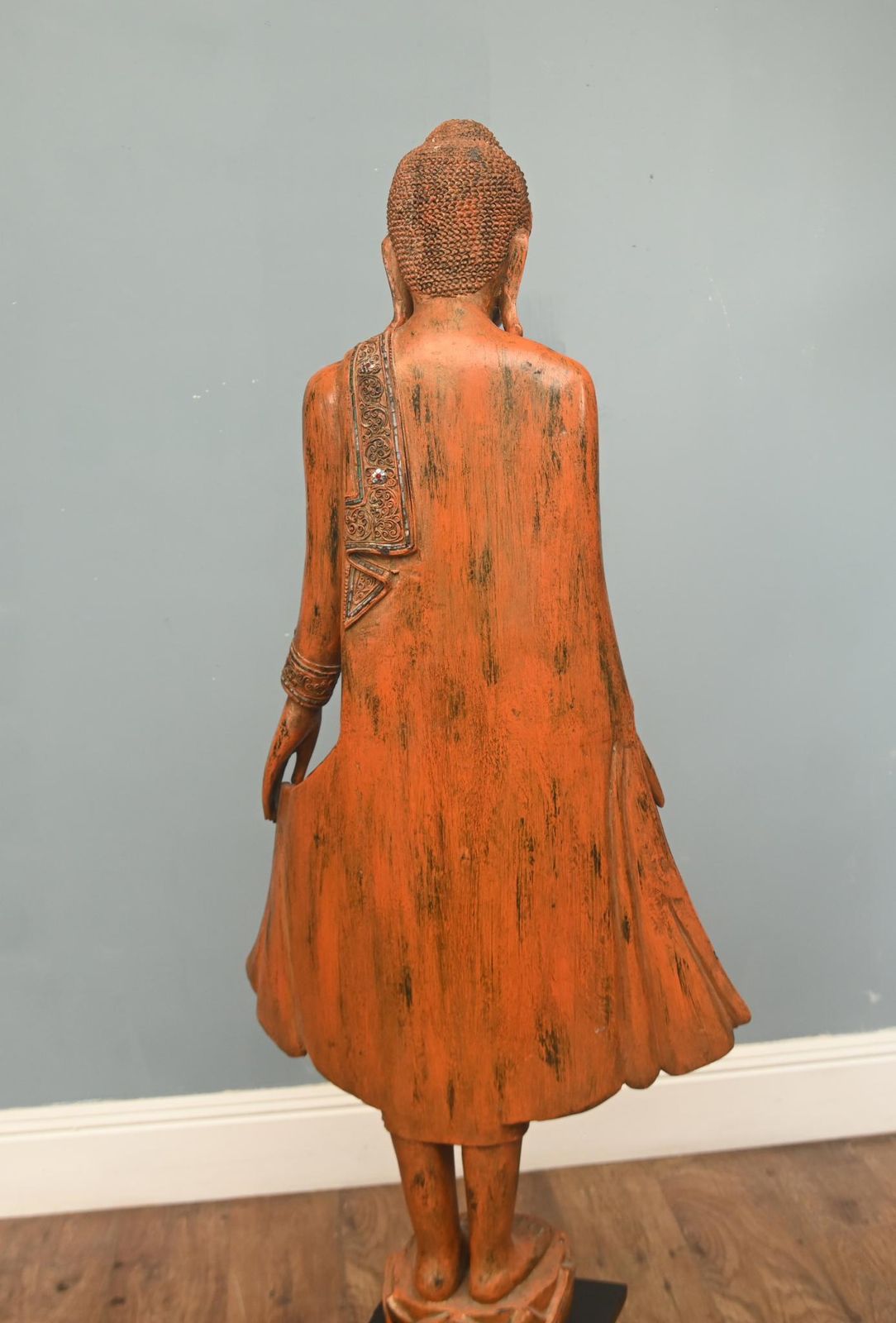 Carved Standing Burmese Buddha Statue Yoga Studio Buddhism photo vintage