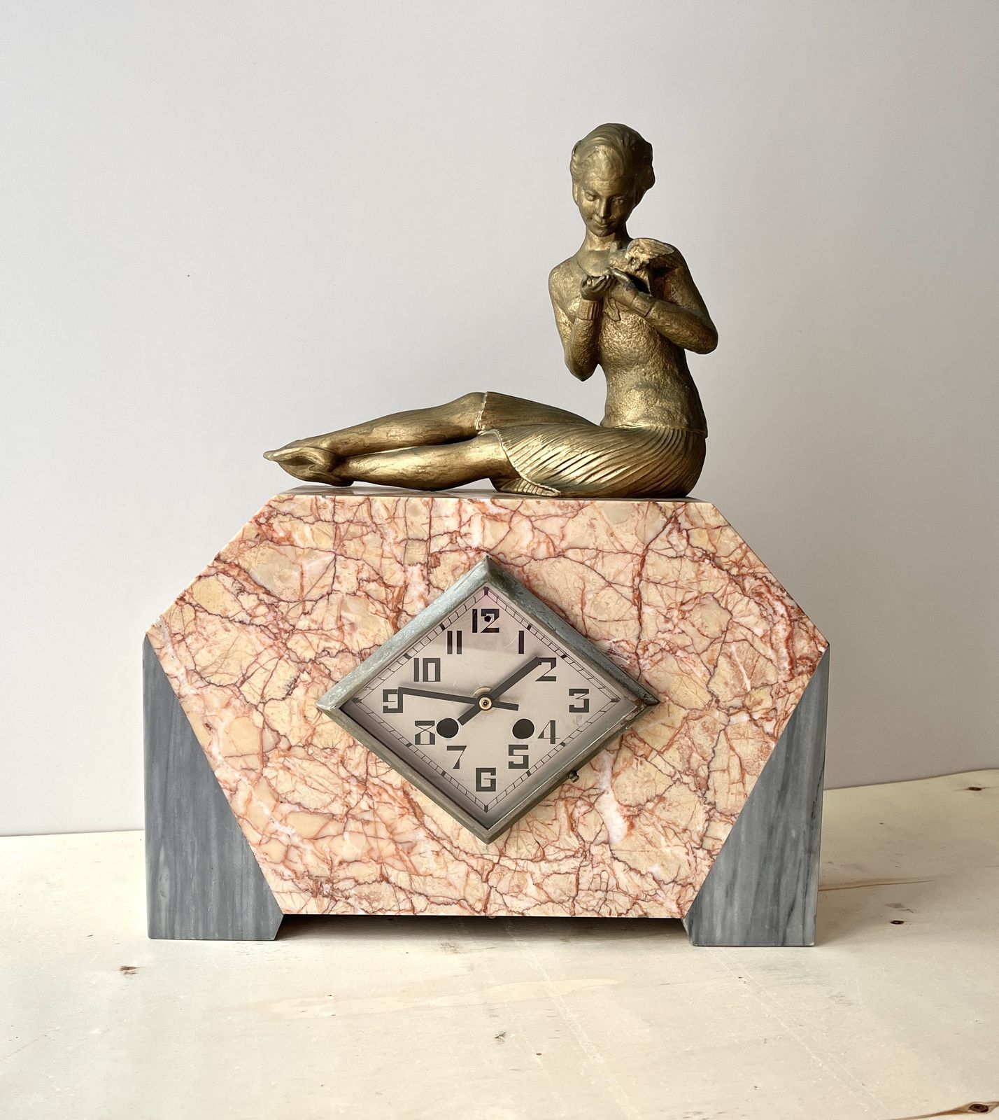 Antique Art Deco French Fireplace Clock 1930s, Marbre And Spelter Clock "The Woman And The Dove"
