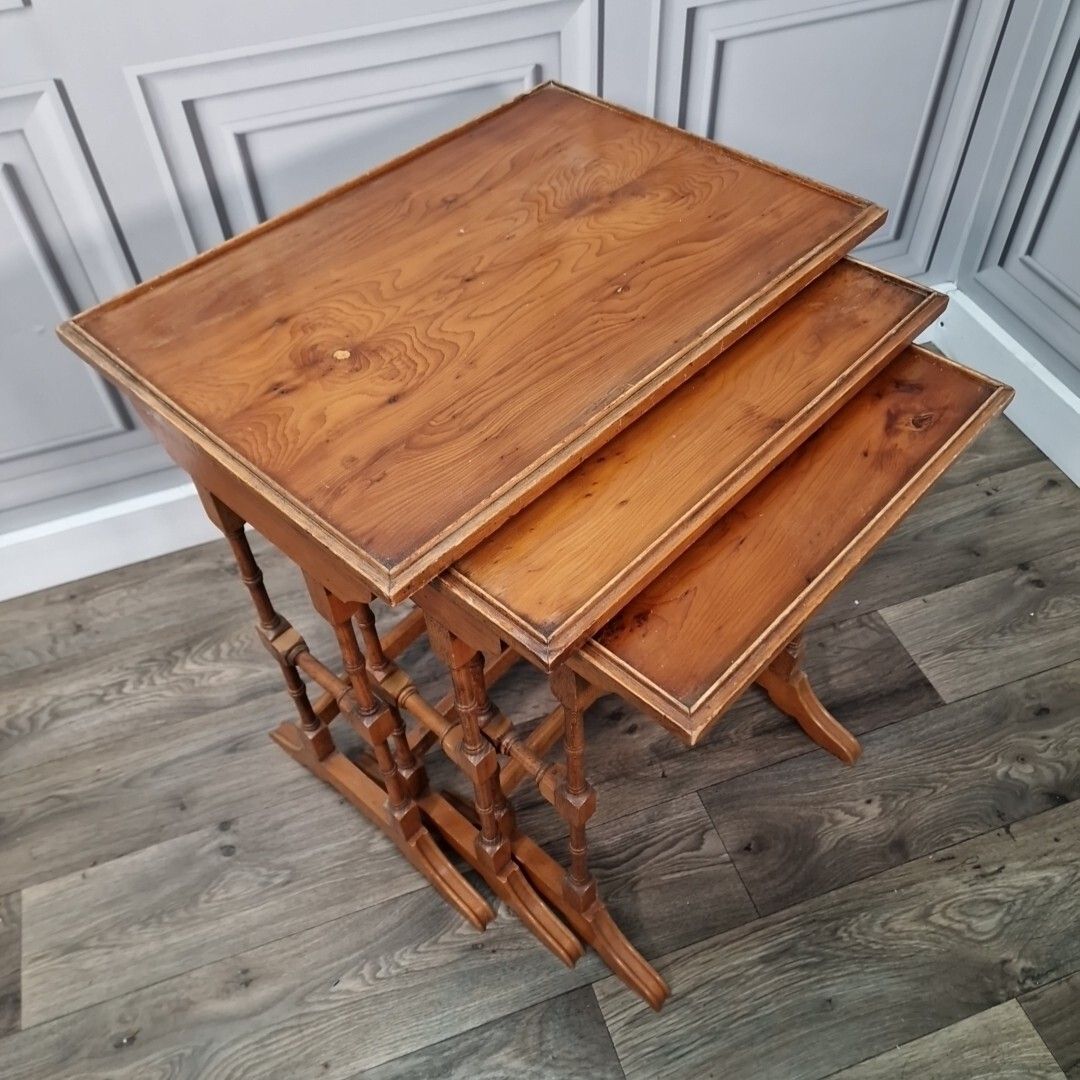 Antique Nest Of Tables Wooden Side Trio Veneer Top Liberty Georgian Style photo for sale