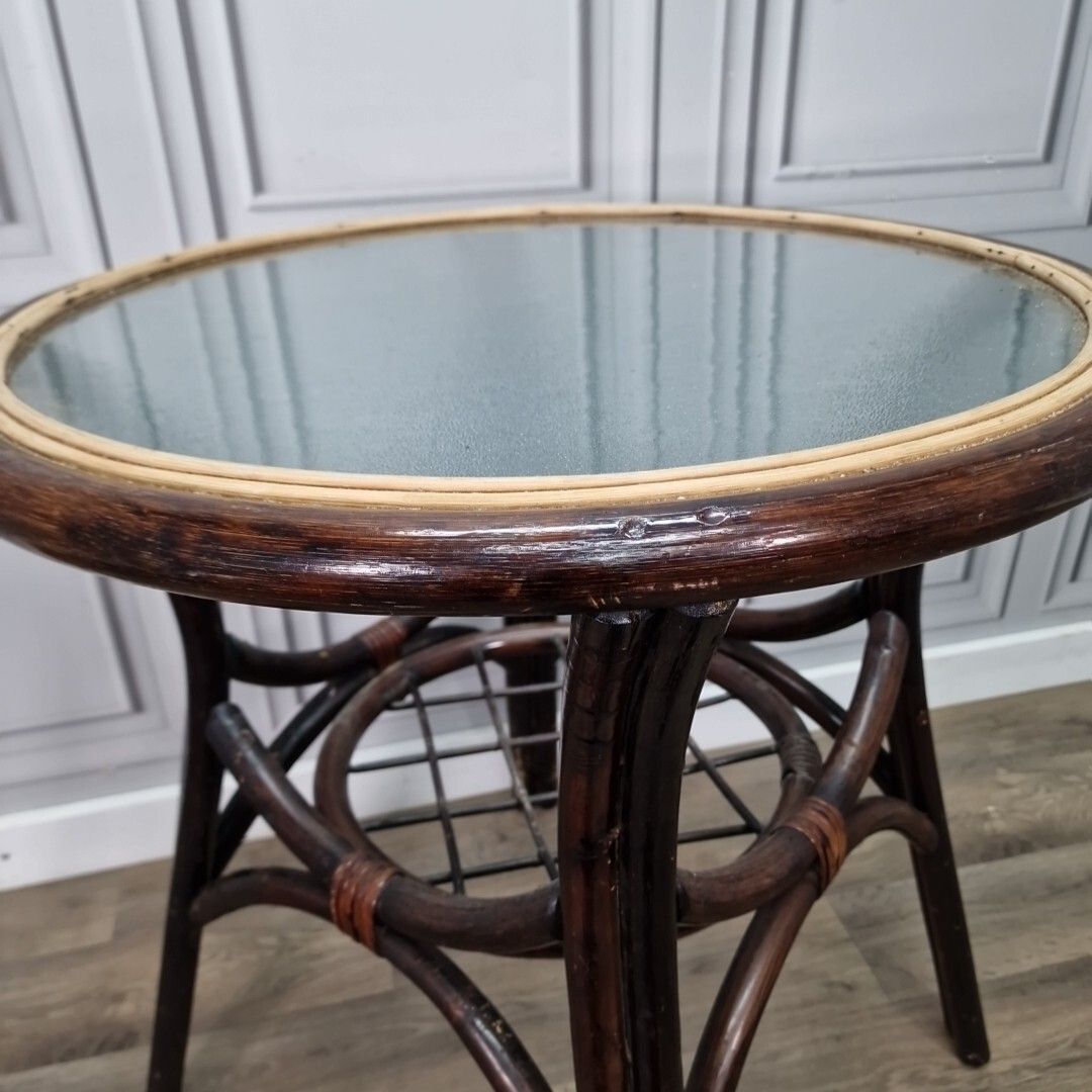Vintage Rattan Glass Table Mid Century Bistro Bamboo Top Boho Tiki Retro photo 90.0