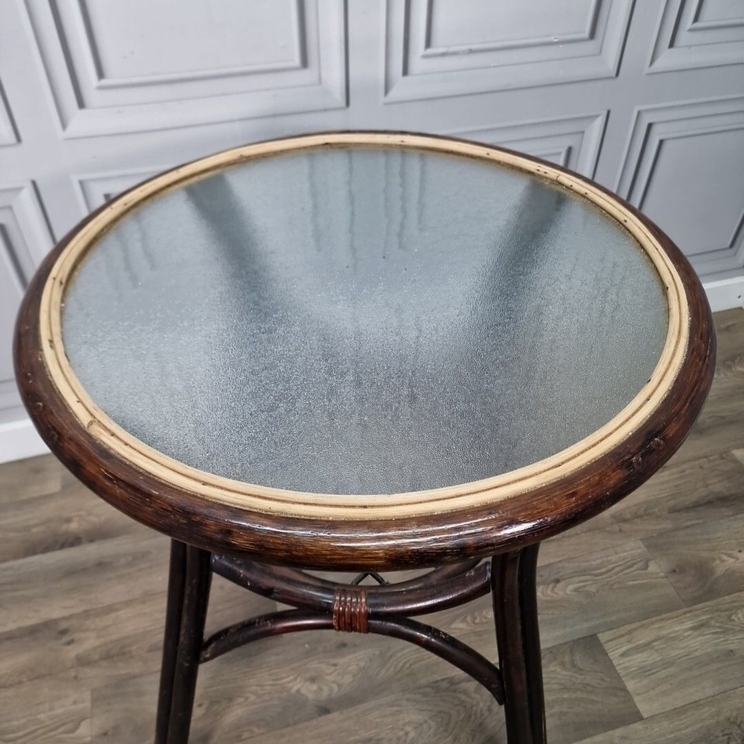 Vintage Rattan Glass Table Mid Century Bistro Bamboo Top Boho Tiki Retro photo vinterior
