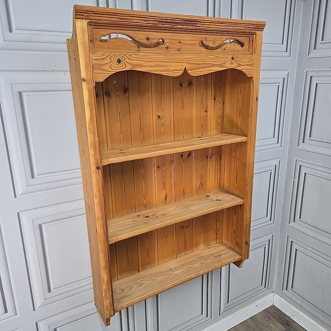 Vintage Pine Wall Shelf – Rustic Wooden Shelving Bookcase – Country Kitchen Rack photo for sale