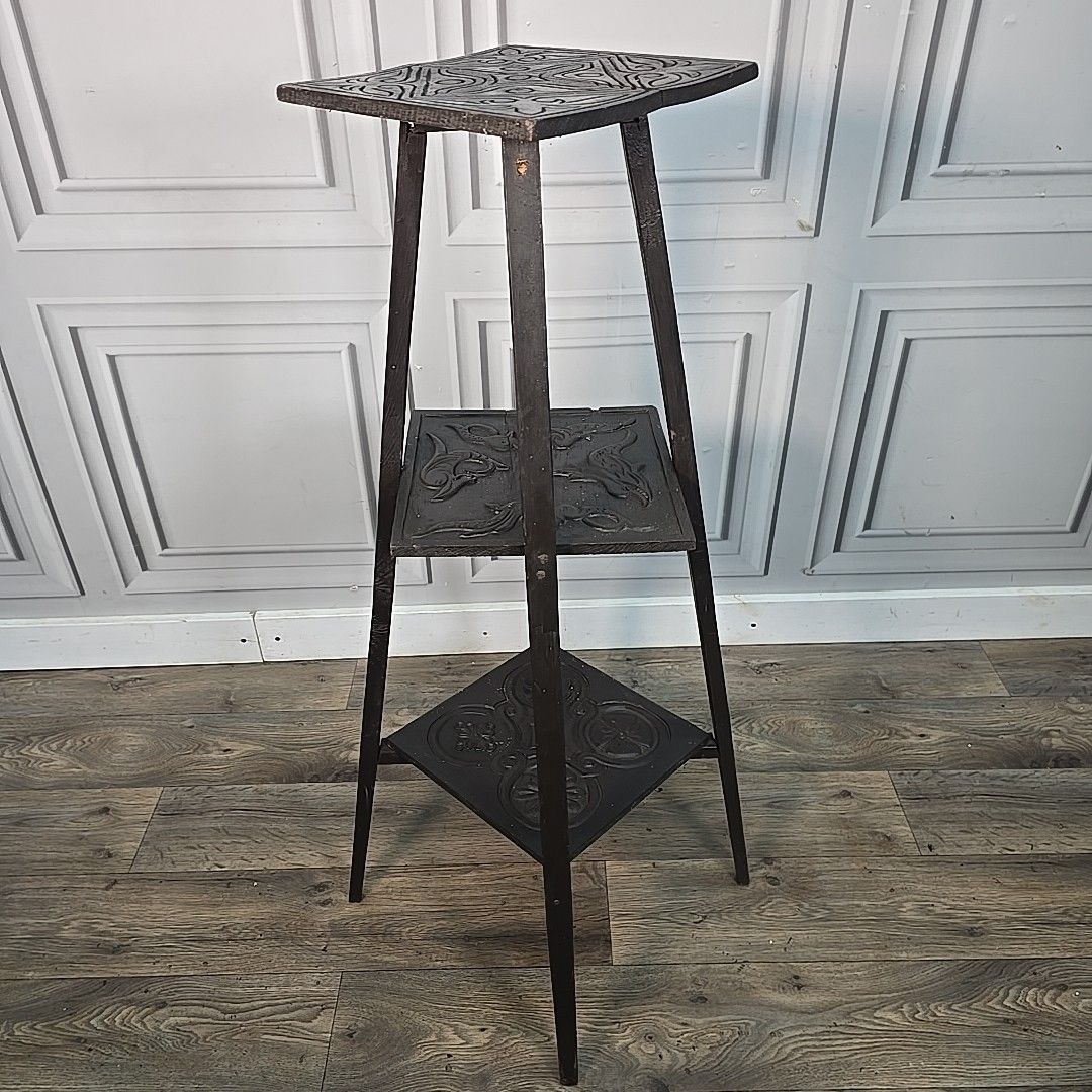Antique Plant Stand Table Arts & Crafts Three Tier Carved Display Ebonised Wood photo Home Decor