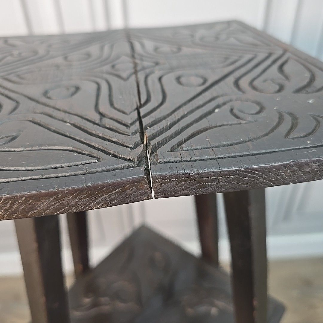 Antique Plant Stand Table Arts & Crafts Three Tier Carved Display Ebonised Wood photo vinterior