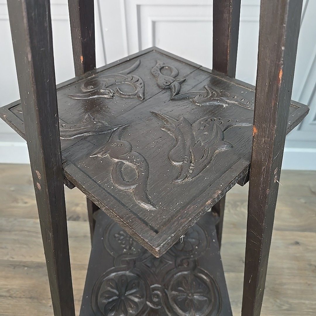 Antique Plant Stand Table Arts & Crafts Three Tier Carved Display Ebonised Wood photo buy