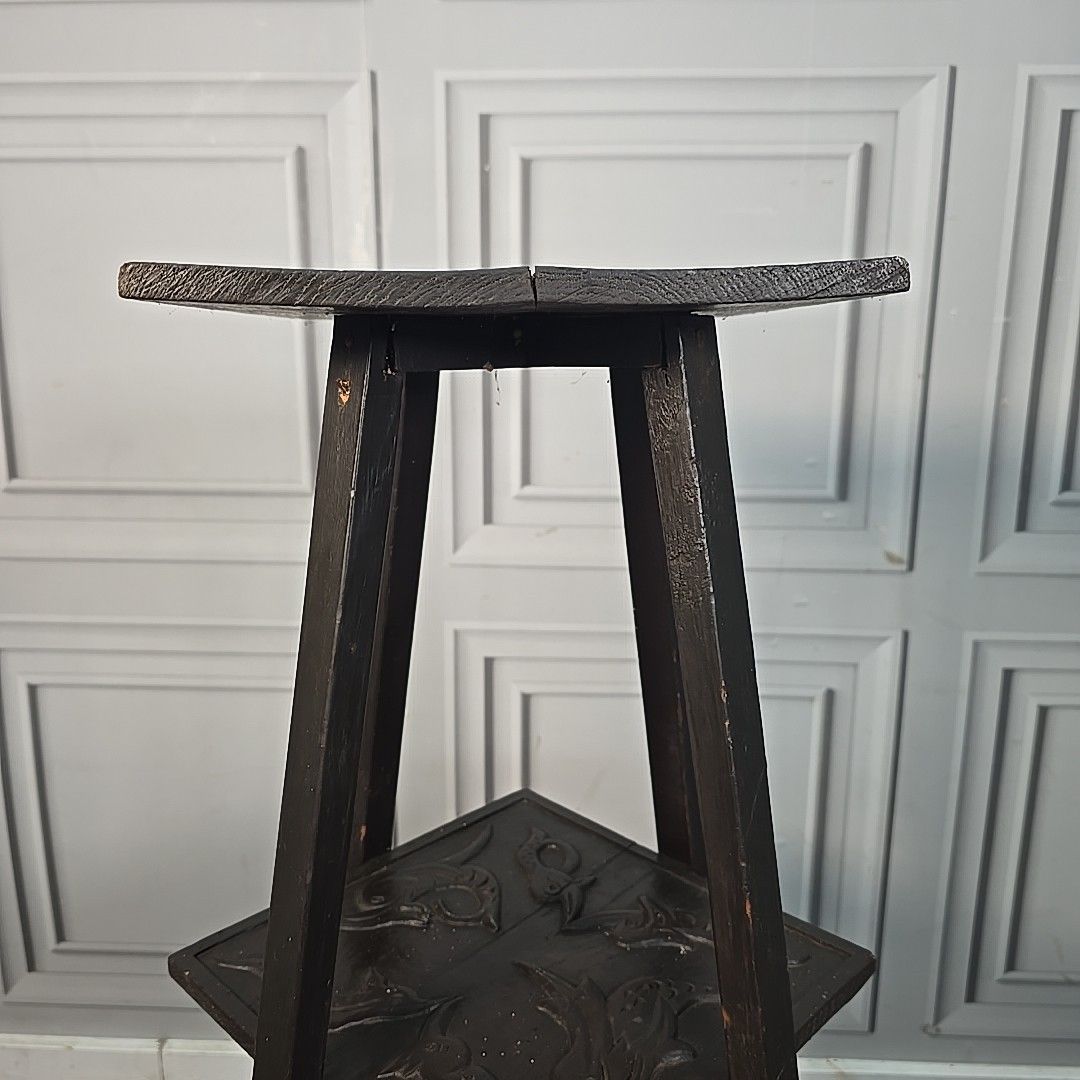 Antique Plant Stand Table Arts & Crafts Three Tier Carved Display Ebonised Wood photo vintage