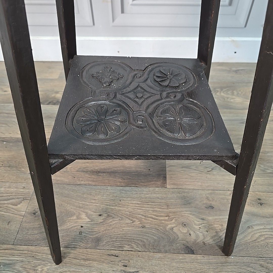 photo for sale Antique Plant Stand Table Arts & Crafts Three Tier Carved Display Ebonised Wood