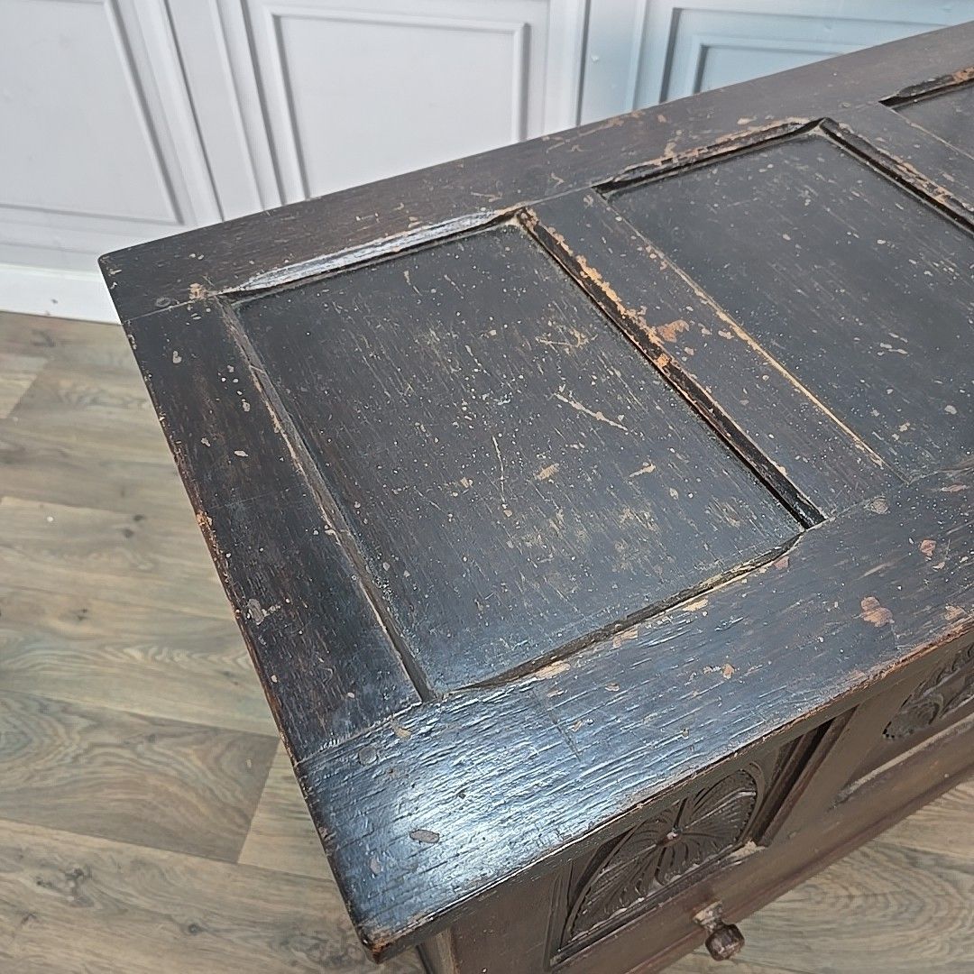 Antique Oak Coffer Storage Trunk Chest – Carved Panels – Box Drawers Jacobean photo for sale